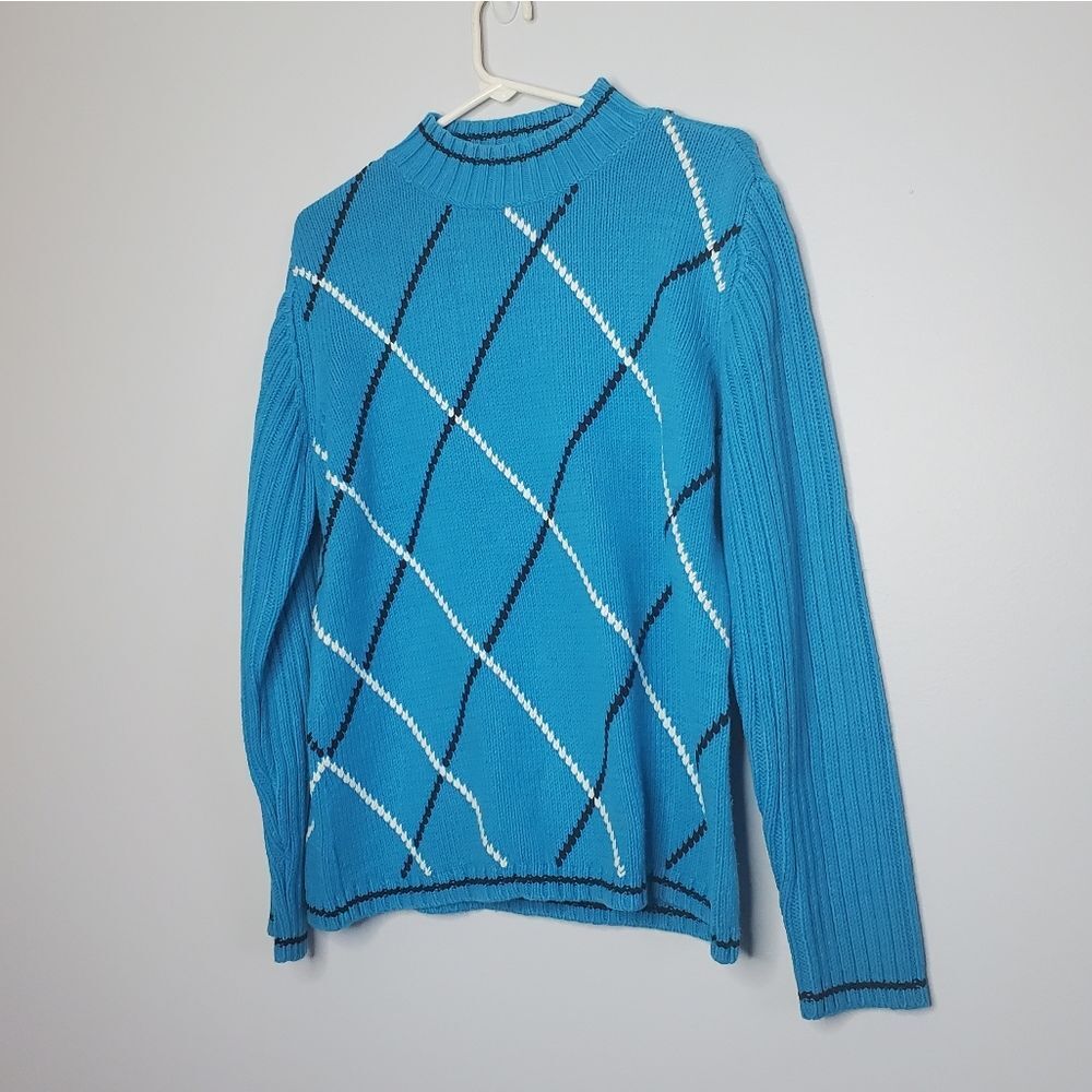 Liz Claiborne M Sweater Black White Blue Argyle Diamond Knit 90s